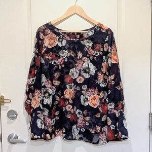 EUC Lord & Taylor 1X Navy Blue Sheer Keyhole Back Blouse with Floral Appliques